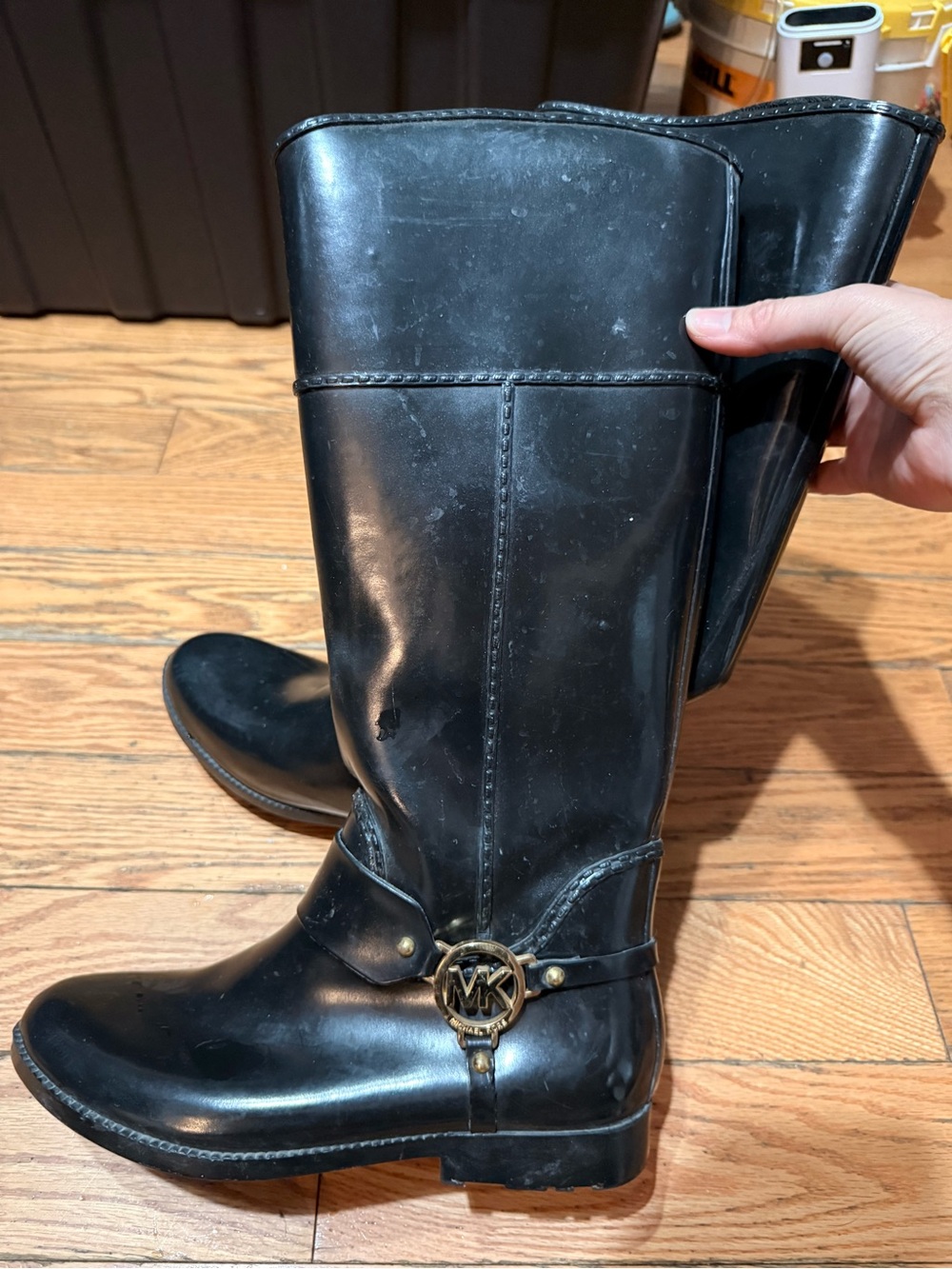 Michael Kors Black Leather Tall MK Logo Riding Boots